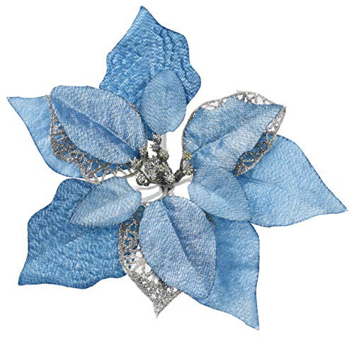 LEVOSHUA 12 Pack Glitter Poinsettia Christmas Tree Ornaments Christmas Tree Decoration Poinsettia Flowers with Stems for Wreath Garland Mantle Centerpiece Blue 